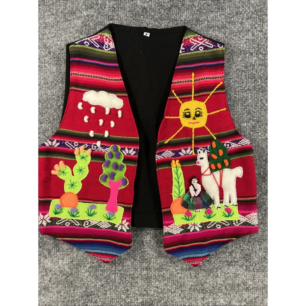 VTG Kids Peruvian Folk Art Arpillera Vest Handmade Embroidered Llama Sun SIZE  4